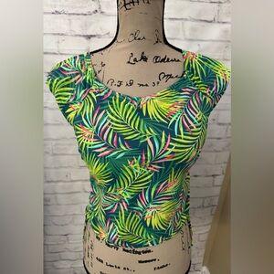 Lands’ End 8D Cap Sleeve Midkini Swimsuit Top Cropped‎ Green Pink Palms Resort